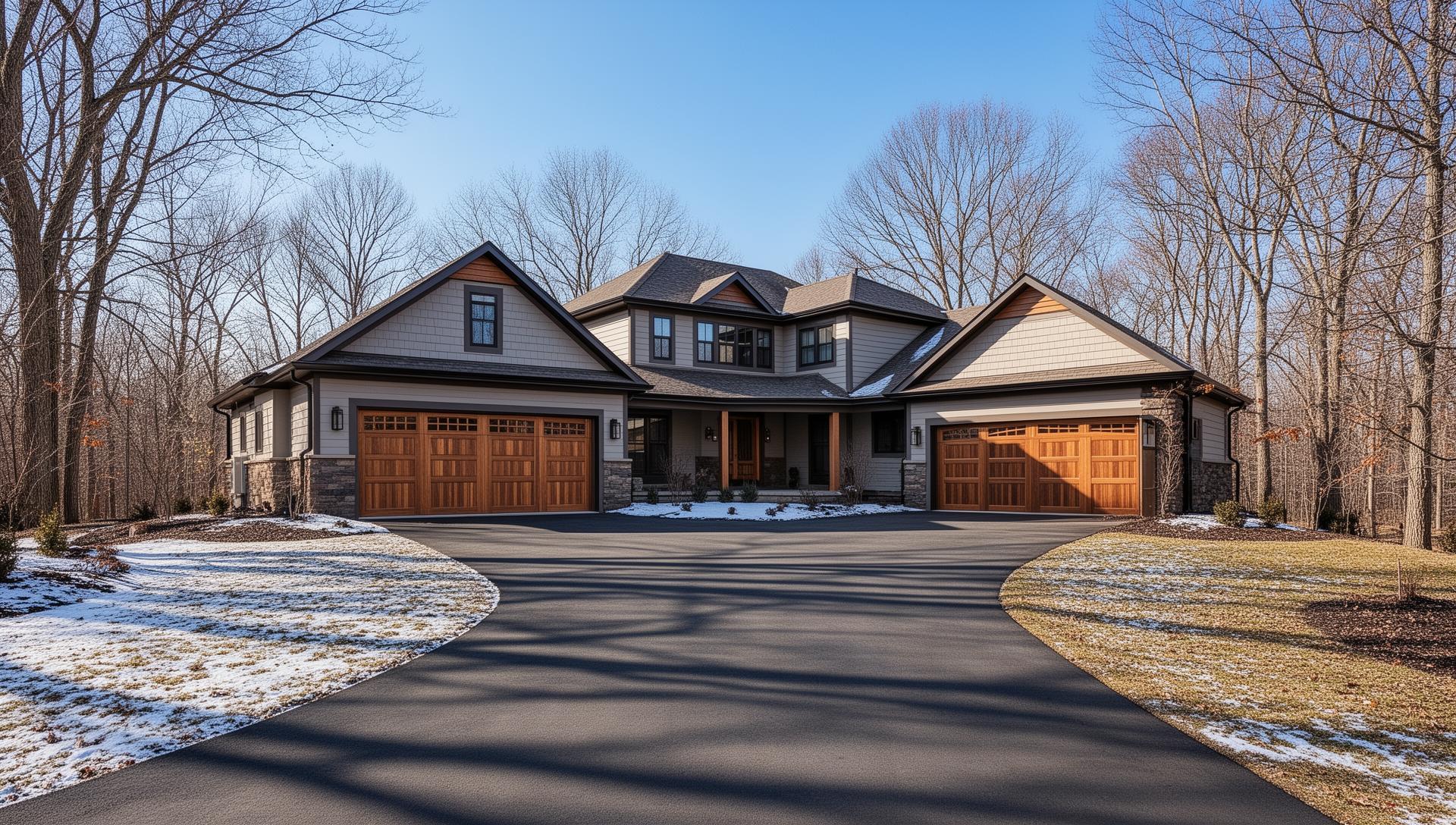 Premium wood overlay garage doors on a beautiful ranch-style home in Winlock, WA